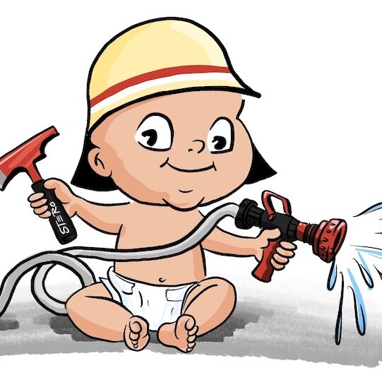 Cartoon-Karikatur-Comic: Cartoon-Comic eines Feuerwehrbabys mit Helm, Strahlrohr und Beil als witzige Karikatur für eine Glückwunschkarte zur Geburt und für Feuerwehrnachwuchs.