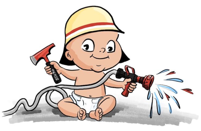 Cartoon-Karikatur-Comic: Cartoon-Comic eines Feuerwehrbabys mit Helm, Strahlrohr und Beil als witzige Karikatur für eine Glückwunschkarte zur Geburt und für Feuerwehrnachwuchs.