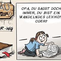 Comic Strip „Grauzone“ über eine Rentner-WG: Mathilda fragt ihren Opa, das wandelnde Lexikon, ob er auch Eselsohren hat.