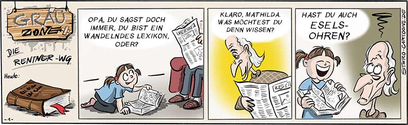 Comic Strip „Grauzone“ über eine Rentner-WG: Mathilda fragt ihren Opa, das wandelnde Lexikon, ob er auch Eselsohren hat.