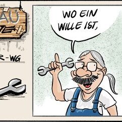 Comic Strip „Grauzone“: Ein Rentner in Latzhose zitiert mit Schraubenschlüssel „Wo ein Wille ist“ – und landet am Ende doch gemütlich auf dem roten Sofa.