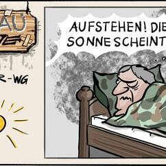 Comic Strip „Grauzone“: Ein Rentner soll aufstehen, weil die Sonne scheint, und verkriecht sich unter der Decke – schließlich macht er keine Photosynthese.
