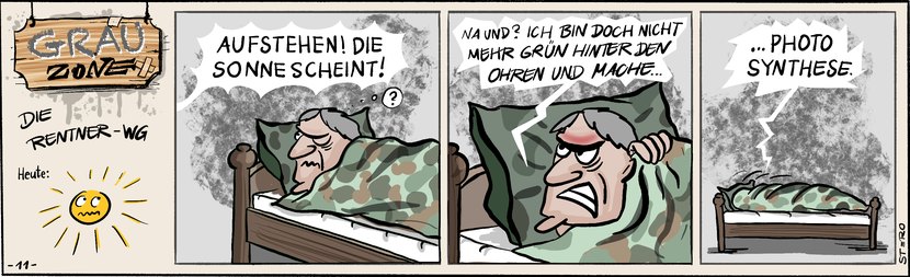 Comic Strip „Grauzone“: Ein Rentner soll aufstehen, weil die Sonne scheint, und verkriecht sich unter der Decke – schließlich macht er keine Photosynthese.