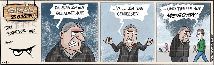 Comic Strip „Grauzone“: Ein grimmiger Rentner will gut gelaunt den Tag genießen – bis ihm auf der Straße andere Menschen begegnen.