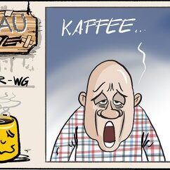 Comic Strip „Grauzone“: Ein müder, gähnender Rentner holt sich Kaffee aus der Maschine – jung macht der nicht, aber danach ist er hellwach.