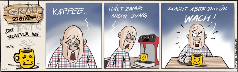 Comic Strip „Grauzone“: Ein müder, gähnender Rentner holt sich Kaffee aus der Maschine – jung macht der nicht, aber danach ist er hellwach.