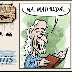 Comic Strip „Grauzone“: Opa fragt Mathilda beim Lesen, wer Atlantis versenkt hat – und Mathilda beteuert empört, dass sie es nicht war.