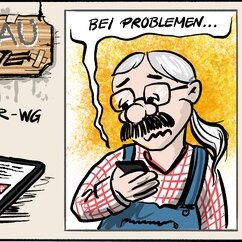 Comic Strip „Grauzone“: Ein Senior hält sein Handy, die App empfiehlt bei Problemen die Hotline – oder gleich die eigenen Enkel.