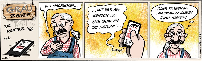 Comic Strip „Grauzone“: Ein Senior hält sein Handy, die App empfiehlt bei Problemen die Hotline – oder gleich die eigenen Enkel.