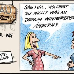 Comic Strip „Grauzone“: Eine Freundin fragt nach dem Winterspeck, die Seniorin tätschelt zufrieden ihren Bauch – der heißt jetzt Frühlingsrolle.