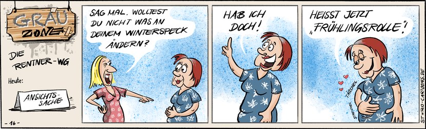 Comic Strip „Grauzone“: Eine Freundin fragt nach dem Winterspeck, die Seniorin tätschelt zufrieden ihren Bauch – der heißt jetzt Frühlingsrolle.