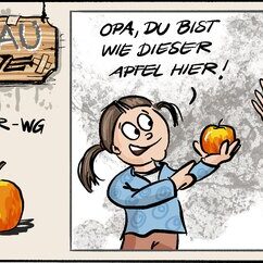 Comic Strip „Grauzone“: Mathilda hält Opa einen Apfel hin, er freut sich über „reif und gesund“ – sie meint aber Dellen und Runzeln.