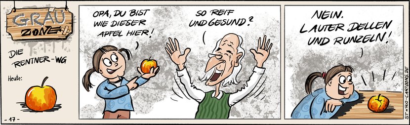 Comic Strip „Grauzone“: Mathilda hält Opa einen Apfel hin, er freut sich über „reif und gesund“ – sie meint aber Dellen und Runzeln.