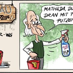 Comic Strip „Grauzone“: Opa reicht Mathilda Eimer und Glasreiniger, sie will nicht wissen, wie Fensterputzen geht – er rät: wie beim Smartphone wischen.