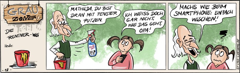 Comic Strip „Grauzone“: Opa reicht Mathilda Eimer und Glasreiniger, sie will nicht wissen, wie Fensterputzen geht – er rät: wie beim Smartphone wischen.