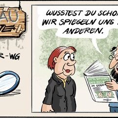 Comic Strip „Grauzone“: Ein bärtiger Senior liest, dass wir uns im Anderen spiegeln – seine Mitbewohnerin mustert den Bart und will sich wohl dringend rasieren.