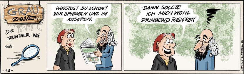 Comic Strip „Grauzone“: Ein bärtiger Senior liest, dass wir uns im Anderen spiegeln – seine Mitbewohnerin mustert den Bart und will sich wohl dringend rasieren.