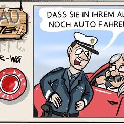Comic Strip „Grauzone“: Ein Polizist kontrolliert einen grauhaarigen Rentner im roten Auto, der eigentlich lieber Harley fahren würde.