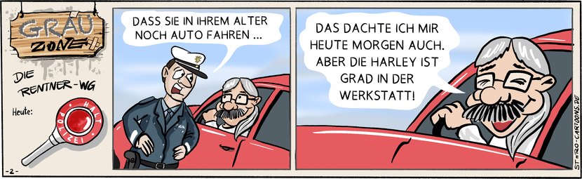 Comic Strip „Grauzone“: Ein Polizist kontrolliert einen grauhaarigen Rentner im roten Auto, der eigentlich lieber Harley fahren würde.