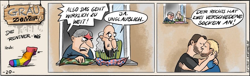 Comic Strip „Grauzone“: Zwei Senioren schauen empört aus dem Fenster auf zwei sich küssende Männer – doch ihr Ärger gilt nur den verschiedenen Socken.