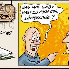 Comic Strip „Grauzone“: Ein Senior fragt Gaby nach ihrer Löffelliste – sie präsentiert stolz eine Inventur von Ess-, Tee- und Schöpflöffeln.