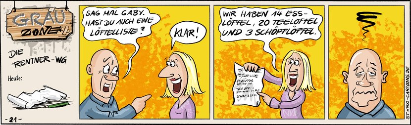 Comic Strip „Grauzone“: Ein Senior fragt Gaby nach ihrer Löffelliste – sie präsentiert stolz eine Inventur von Ess-, Tee- und Schöpflöffeln.