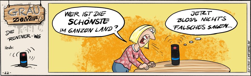 Comic Strip „Grauzone“: Eine Seniorin fragt einen Smart Speaker, wer die Schönste im ganzen Land ist – das Gerät denkt nur: Jetzt bloß nichts Falsches sagen.