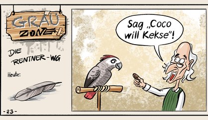 Comic Strip „Grauzone“: Opa hält einem Graupapagei einen Keks hin und will ihn „Coco will Kekse“ sagen lassen – der Vogel faucht: Bin ich Siri oder was?