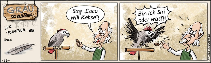 Comic Strip „Grauzone“: Opa hält einem Graupapagei einen Keks hin und will ihn „Coco will Kekse“ sagen lassen – der Vogel faucht: Bin ich Siri oder was?