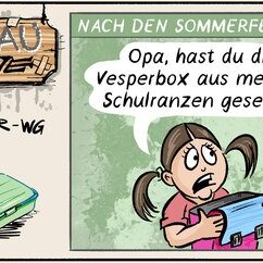 Comic Strip „Grauzone“: Nach den Sommerferien sucht Mathilda ihre Vesperbox im Schulranzen – Opa hinter der Zeitung: Die ist gerade vorbeigerannt.
