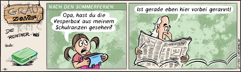 Comic Strip „Grauzone“: Nach den Sommerferien sucht Mathilda ihre Vesperbox im Schulranzen – Opa hinter der Zeitung: Die ist gerade vorbeigerannt.
