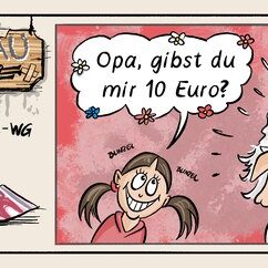 Comic Strip „Grauzone“: Mathilda bittet Opa mit Blinzelblick um 10 Euro – Opa wittert misstrauisch den Enkeltrick in der eigenen Familie.