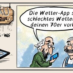 Comic Strip „Grauzone“: Ein Senior liest in der Wetter-App Regen für den 70. Geburtstag seines Mitbewohners – der rät, einfach eine andere App zu laden.