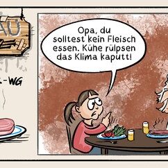 Comic Strip „Grauzone“: Mathilda sagt Opa am Esstisch, rülpsende Kühe schaden dem Klima – Opa schlägt vor, Kühe mit Manieren zu züchten.