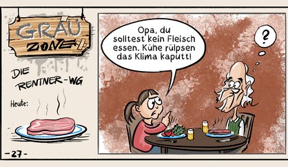 Comic Strip „Grauzone“: Mathilda sagt Opa am Esstisch, rülpsende Kühe schaden dem Klima – Opa schlägt vor, Kühe mit Manieren zu züchten.