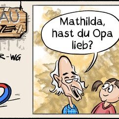 Comic Strip „Grauzone“: Opa fragt Mathilda, ob sie ihn lieb hat. Sie zückt das Smartphone und will das erst googlen – Opa bleibt verdattert zurück.