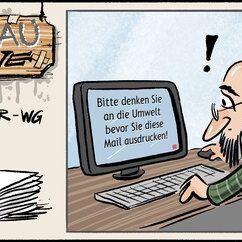 Comic Strip „Grauzone“: Ein Senior liest den Umwelthinweis unter einer Mail, träumt verliebt von Wald und Tieren – und klickt dann auf Drucken.