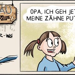Comic Strip „Grauzone“: Ein Mädchen mit Zahnbürste will Zähne putzen, Opa hält ihr grinsend seine tropfende Zahnprothese hin.