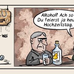 Comic Strip „Grauzone“: Ein Senior sitzt mit Schnaps am Tisch. Sein Mitbewohner meint, er feiere wohl Hochzeitstag – und erntet ein empörtes „Feiern?“