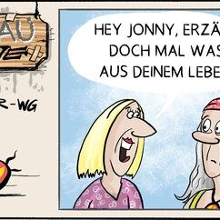 Comic Strip „Grauzone“: Eine blonde Frau bittet Alt-Hippie Jonny mit Stirnband, aus seinem Leben zu erzählen – er ahnt, wie das enden würde.