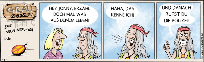 Comic Strip „Grauzone“: Eine blonde Frau bittet Alt-Hippie Jonny mit Stirnband, aus seinem Leben zu erzählen – er ahnt, wie das enden würde.