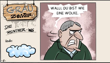 grauzone-comicstrip-5-wolken-vorschau Comic Strip „Grauzone“: Ein grimmiger Mitbewohner vergleicht Walli mit einer Wolke – sie hofft auf weich und fluffig, er meint etwas ganz anderes.