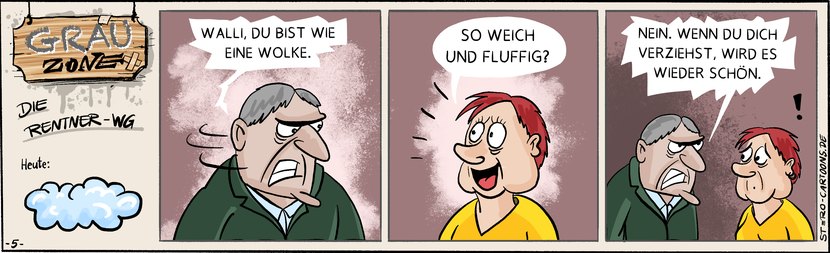 Comic Strip „Grauzone“: Ein grimmiger Mitbewohner vergleicht Walli mit einer Wolke – sie hofft auf weich und fluffig, er meint etwas ganz anderes.