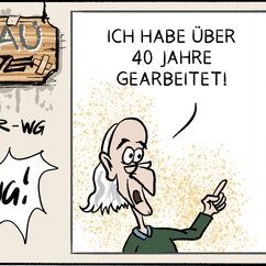 Comic Strip „Grauzone“: Opa schimpft, er habe über 40 Jahre gearbeitet, doch seine Enkelin drückt ihm trotzdem das Geschirrtuch in die Hand.