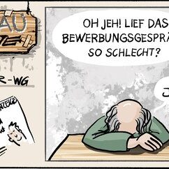 Comic Strip „Grauzone“: Ein Rentner sitzt nach einem missglückten Bewerbungsgespräch geknickt am Tisch – er war für den Job als Spielzeugtester zu alt.