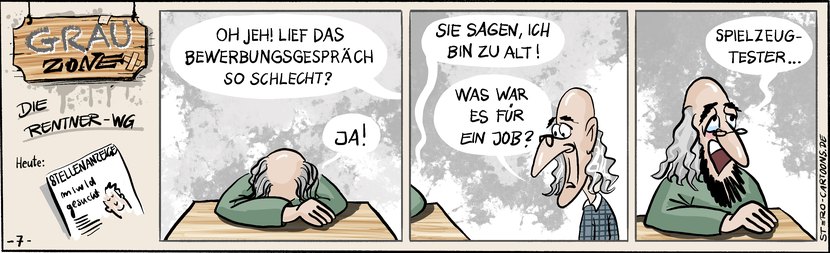 Comic Strip „Grauzone“: Ein Rentner sitzt nach einem missglückten Bewerbungsgespräch geknickt am Tisch – er war für den Job als Spielzeugtester zu alt.