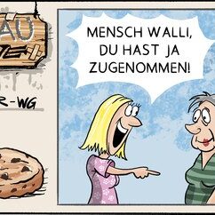 Comic Strip „Grauzone“: Walli hat zugenommen, schiebt es aufs Handy und zu viele akzeptierte Cookies – und bietet dann einen echten Keks an.