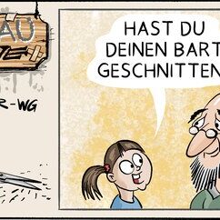 Comic Strip „Grauzone“: Ein Mädchen fragt einen bärtigen Rentner, ob er den Bart geschnitten hat – bemerkt hat sie es allerdings am Waschbecken.