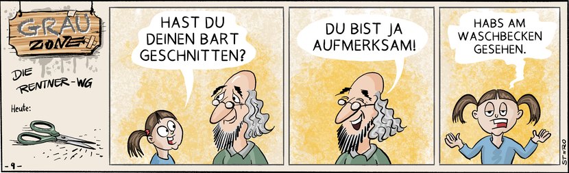 Comic Strip „Grauzone“: Ein Mädchen fragt einen bärtigen Rentner, ob er den Bart geschnitten hat – bemerkt hat sie es allerdings am Waschbecken.