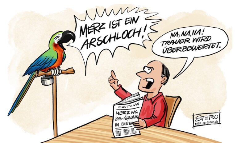 merz-bas-fall Politischer Cartoon von STERO: Ein Papagei beschimpft Friedrich Merz, während sein Besitzer mit einer Zeitung über Bärbel Bas am Tisch sitzt und die Bedeutung von Trauer herunterspielt.